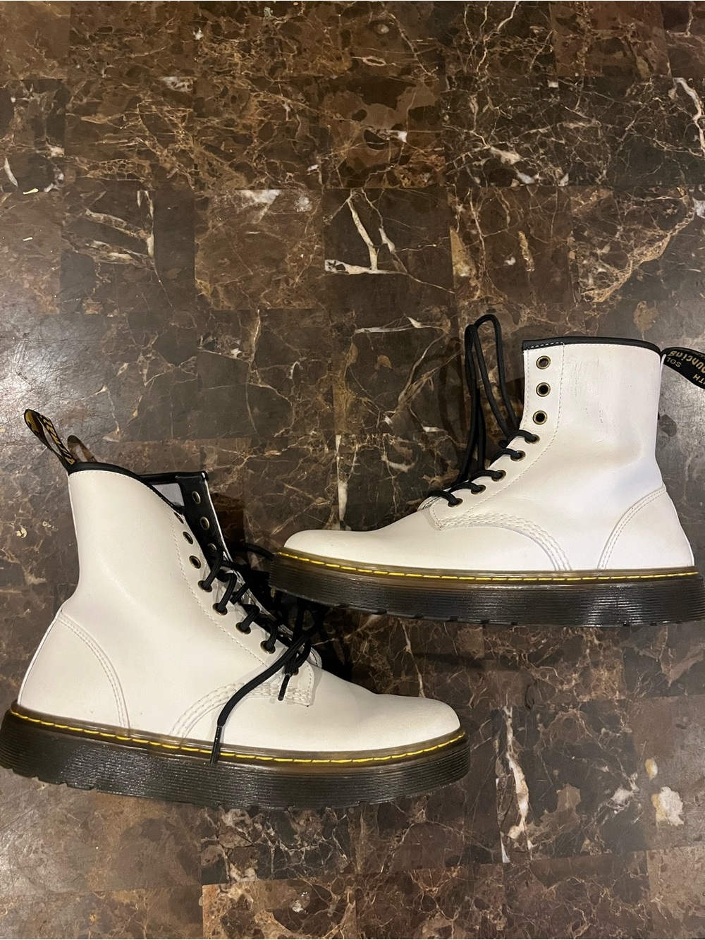 Dr. Martens White Leather Lace-Up Boots with Black Sole
